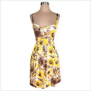 Maggy London Yellow Brown Floral Vintage Retro Look Sundress Dress Feminine 10P
